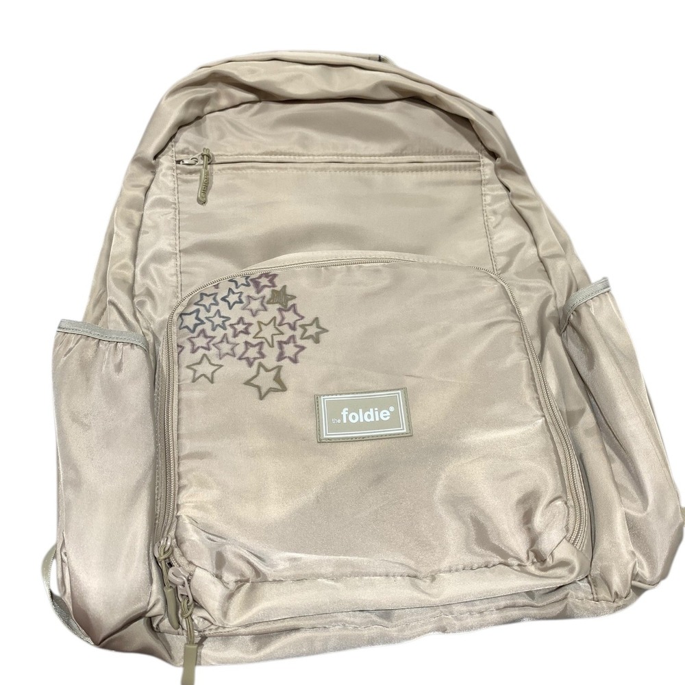 The Foldie Travel Backpack Champagne Beige Star Graphic Collapsible Lightweight